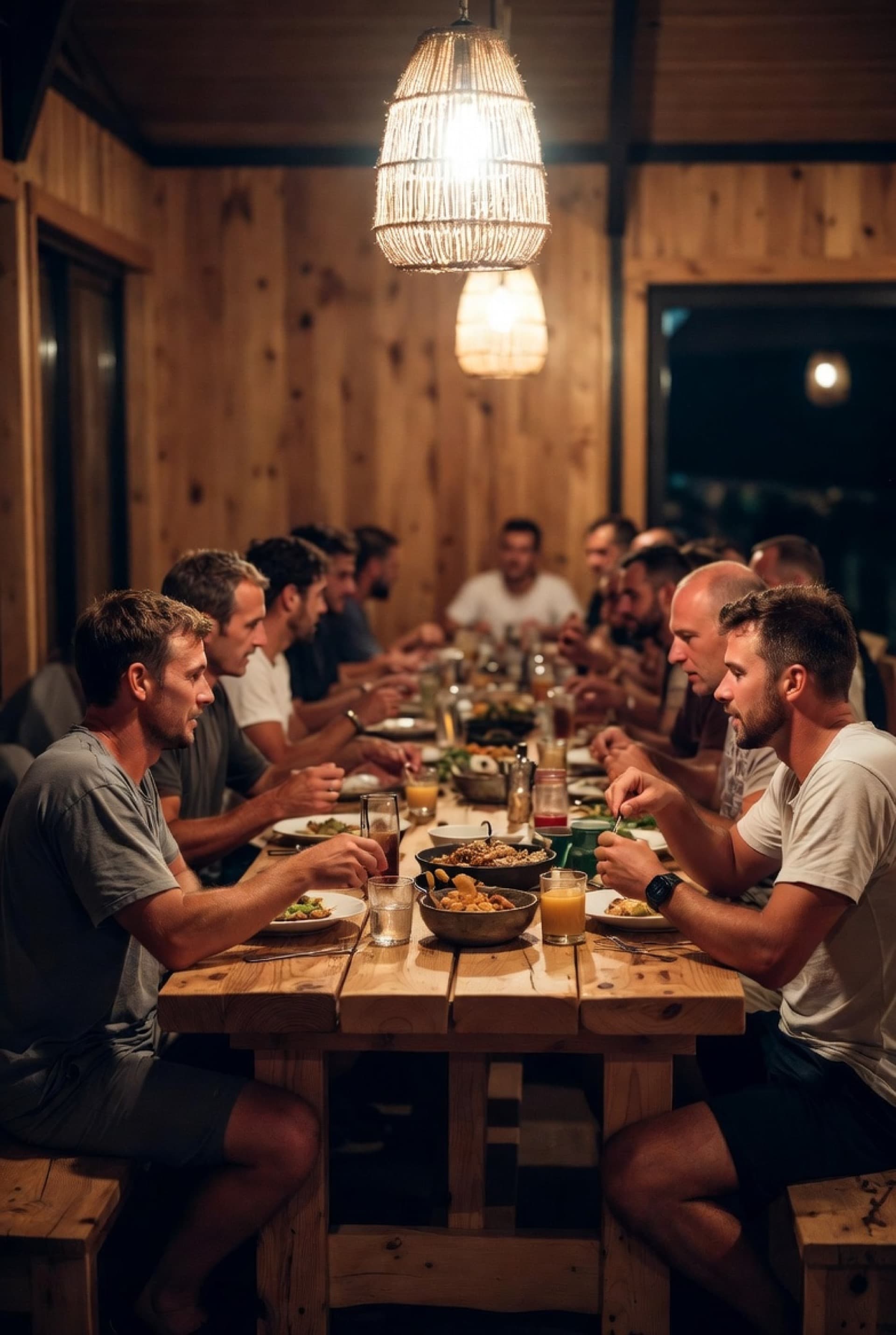 Family-style gourmet meal served at one long table at a men's retreat