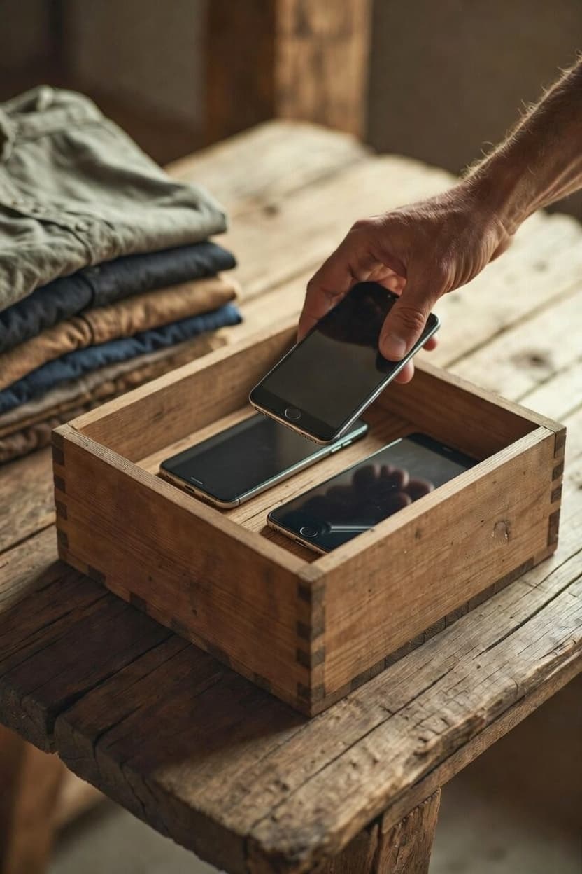 Phones and personal belongings collected before a men's retreat begins