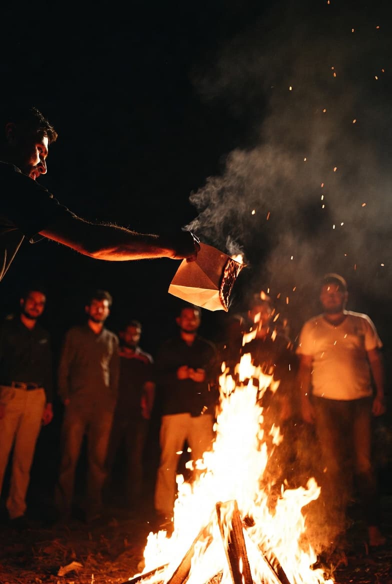 Men burning written burdens in a lakeside bonfire at night