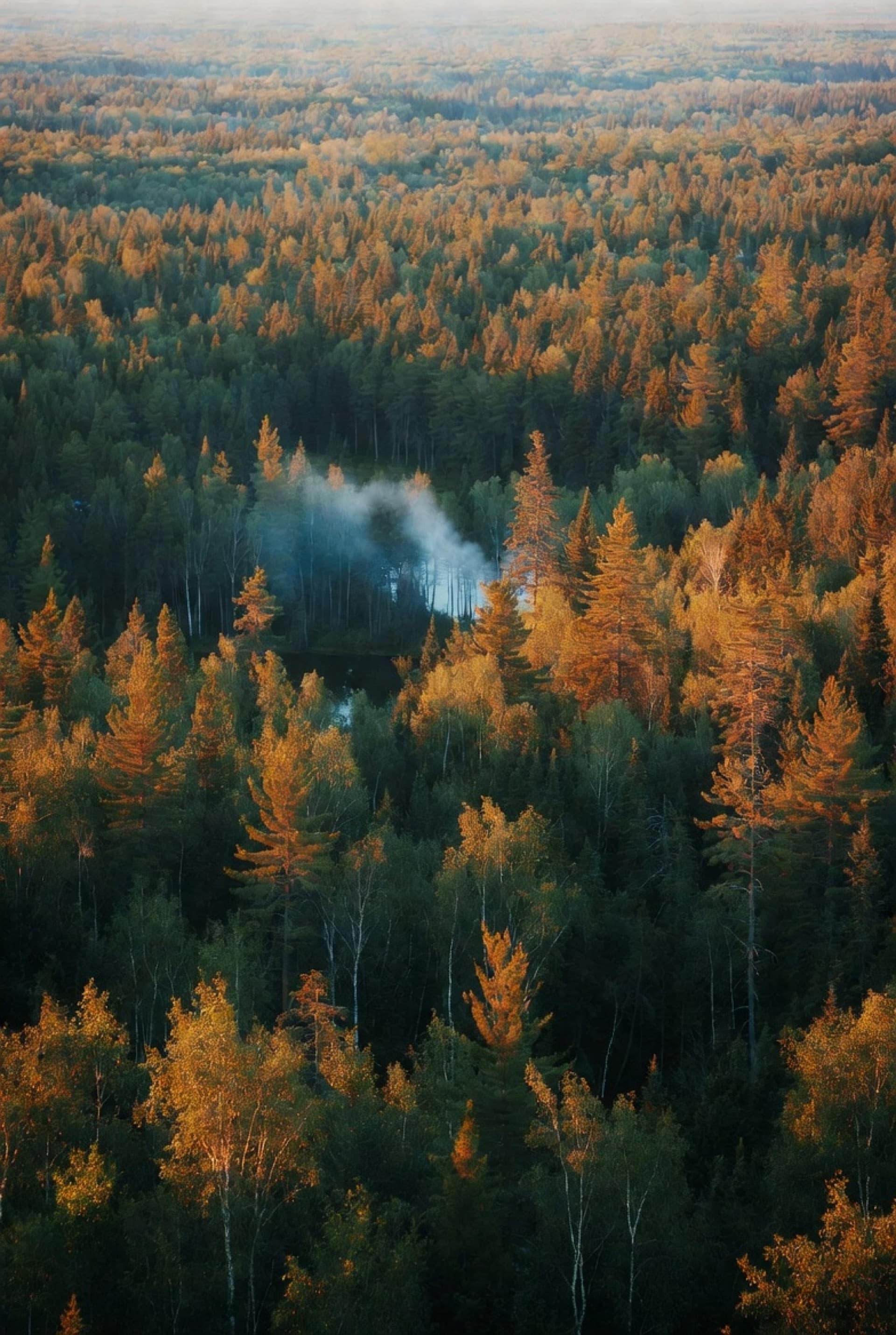 Century-old stone lodge overlooking a lake surrounded by northwoods