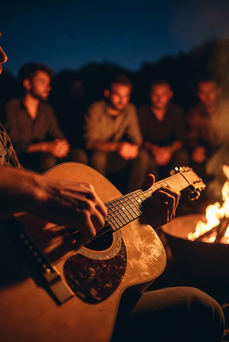 Live acoustic guitar being played by a campfire at night