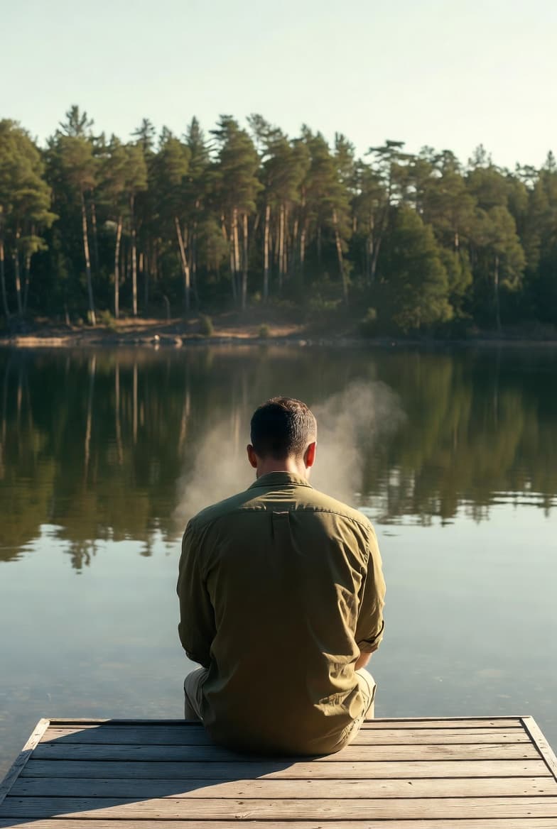 A man sitting alone by a lake in contemplative silence during a retreat